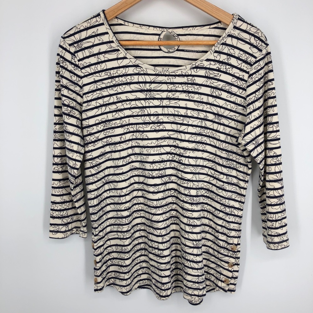 LL Bean Womens Shirt Size‎ Medium Stripe Floral Cream Navy Artsy Pima Cotton 3/4